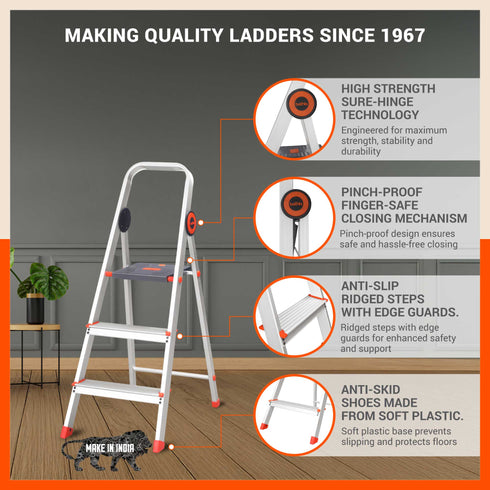 Bathla Advance Pro 3-Step Foldable Aluminium Ladder for Home | Heavy Duty & Anti-Slip Steps | 7 Year Manufacturer Warranty